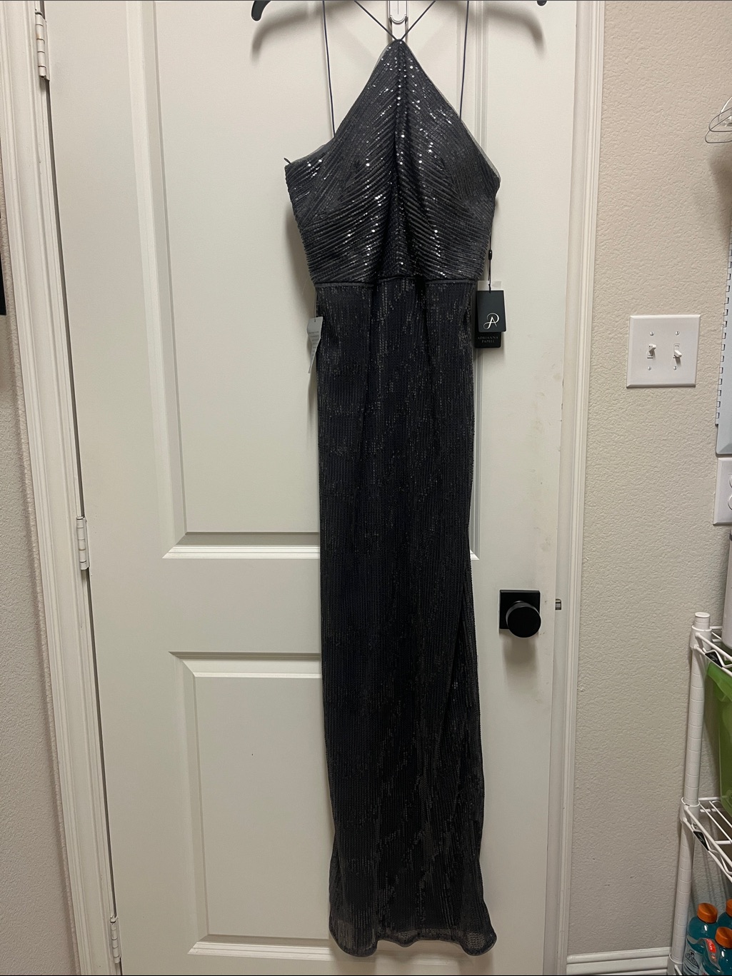 Adrianna Papell Black Sequin Halter Maxi Dress